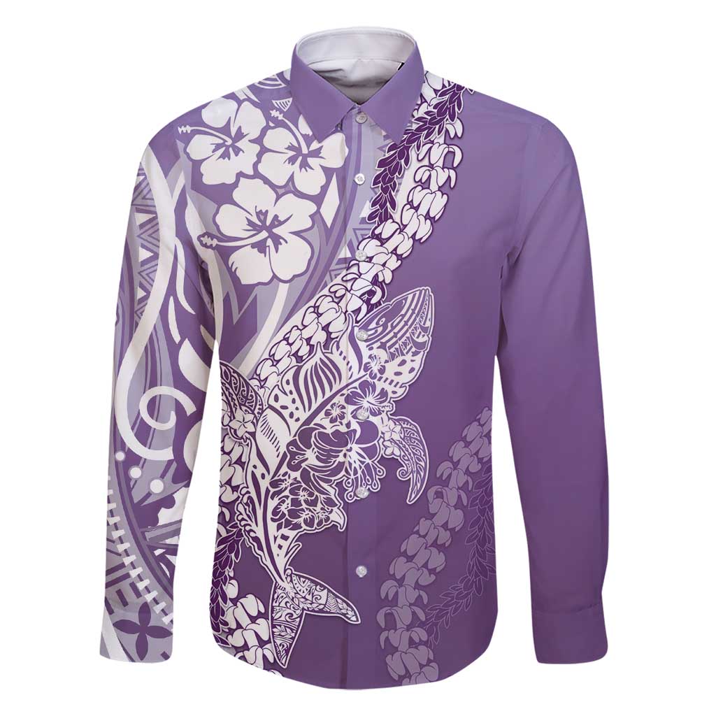 Hawaii Puakenikeni And Maile Lei Family Matching Off Shoulder Maxi Dress and Hawaiian Shirt Violet Polynesian Shark Tattoo DT05