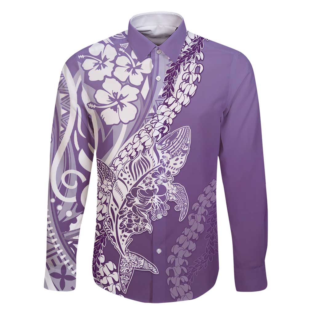 Hawaii Puakenikeni And Maile Lei Family Matching Puletasi and Hawaiian Shirt Violet Polynesian Shark Tattoo DT05 Dad's Shirt - Long Sleeve Violet - Polynesian Pride