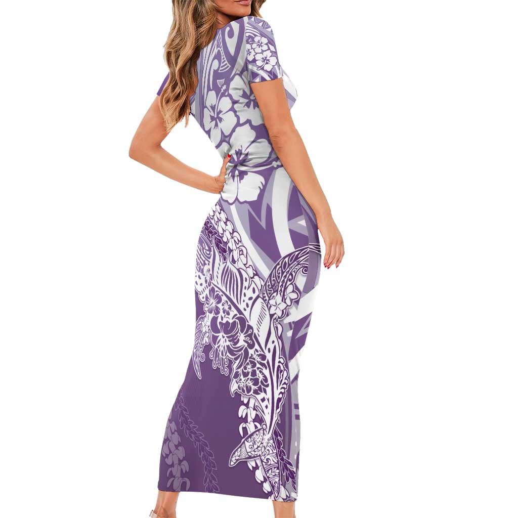 Hawaii Puakenikeni And Maile Lei Family Matching Short Sleeve Bodycon Dress and Hawaiian Shirt Violet Polynesian Shark Tattoo DT05