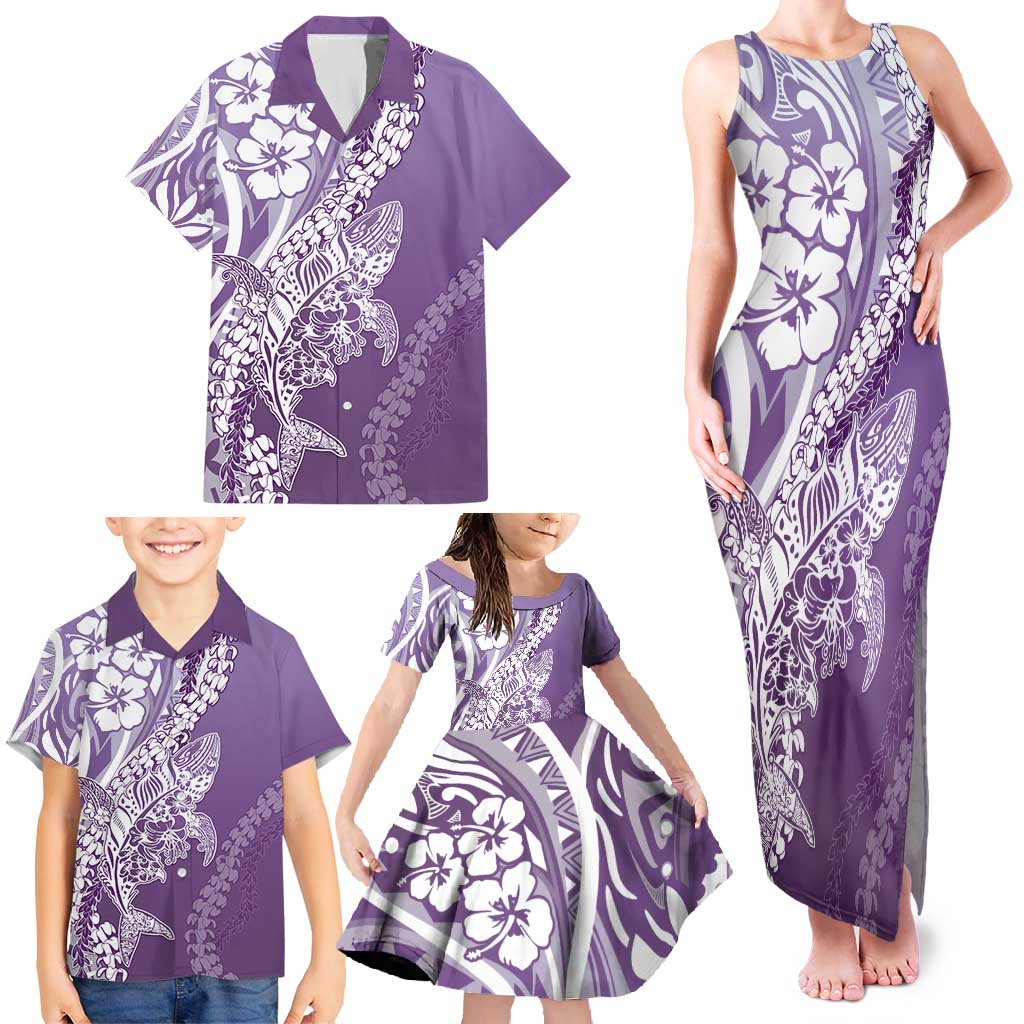 Hawaii Puakenikeni And Maile Lei Family Matching Tank Maxi Dress and Hawaiian Shirt Violet Polynesian Shark Tattoo DT05 - Polynesian Pride