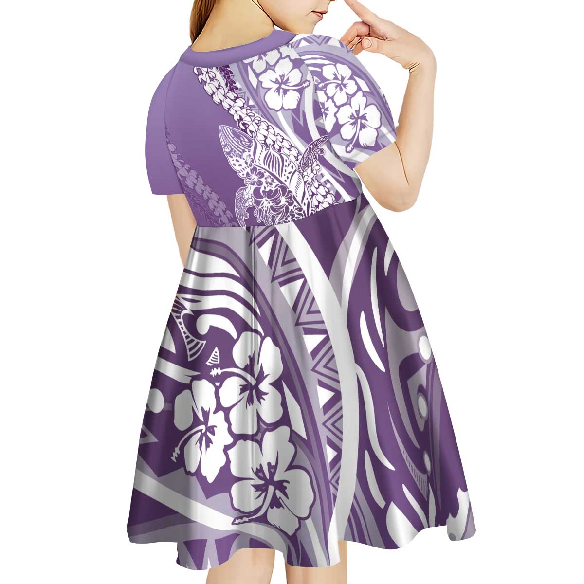 Hawaii Puakenikeni And Maile Lei Kid Short Sleeve Dress Violet Polynesian Shark Tattoo DT05