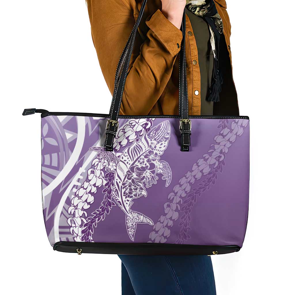 Hawaii Puakenikeni And Maile Lei Leather Tote Bag Violet Polynesian Shark Tattoo DT05