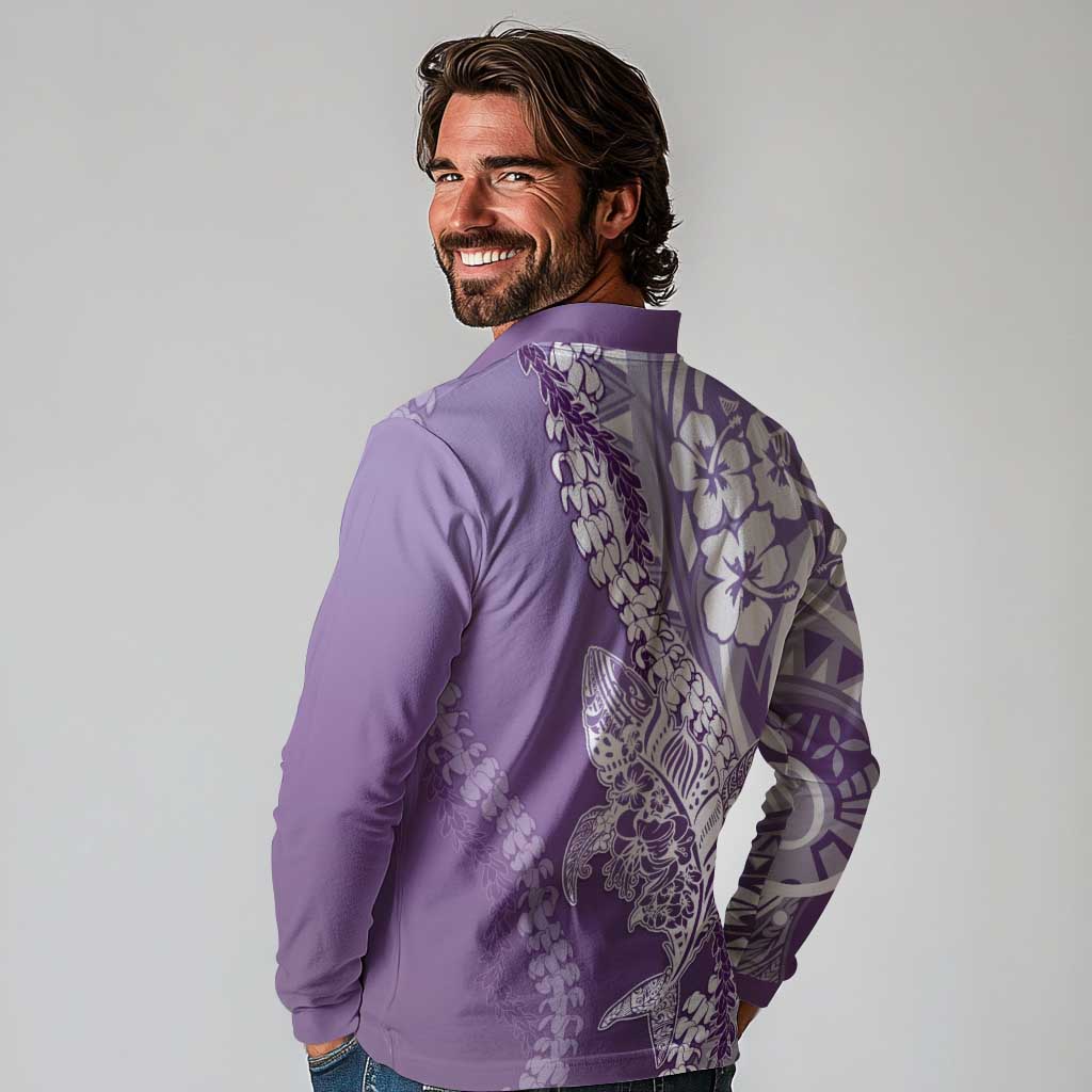 Hawaii Puakenikeni And Maile Lei Long Sleeve Polo Shirt Violet Polynesian Shark Tattoo DT05