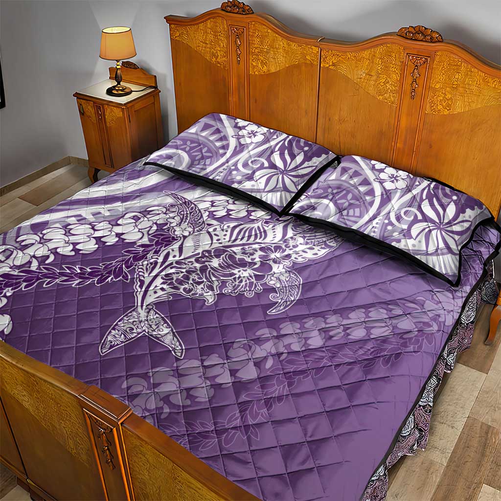 Hawaii Puakenikeni And Maile Lei Quilt Bed Set Violet Polynesian Shark Tattoo DT05