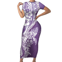 Hawaii Puakenikeni And Maile Lei Short Sleeve Bodycon Dress Violet Polynesian Shark Tattoo DT05