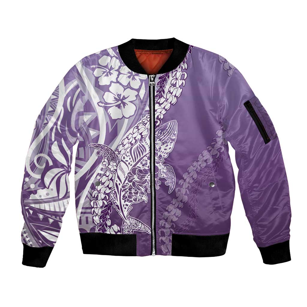 Hawaii Puakenikeni And Maile Lei Sleeve Zip Bomber Jacket Violet Polynesian Shark Tattoo DT05