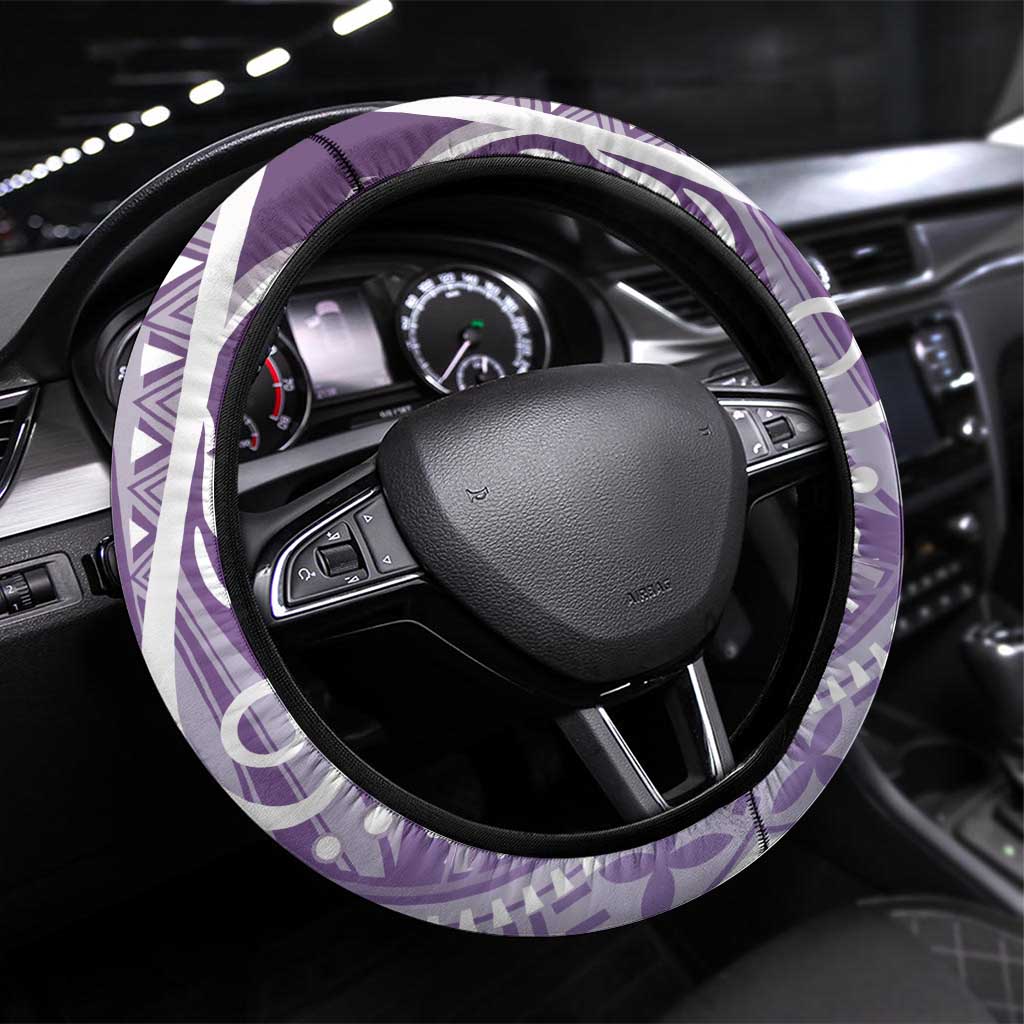 Hawaii Puakenikeni And Maile Lei Steering Wheel Cover Violet Polynesian Shark Tattoo DT05
