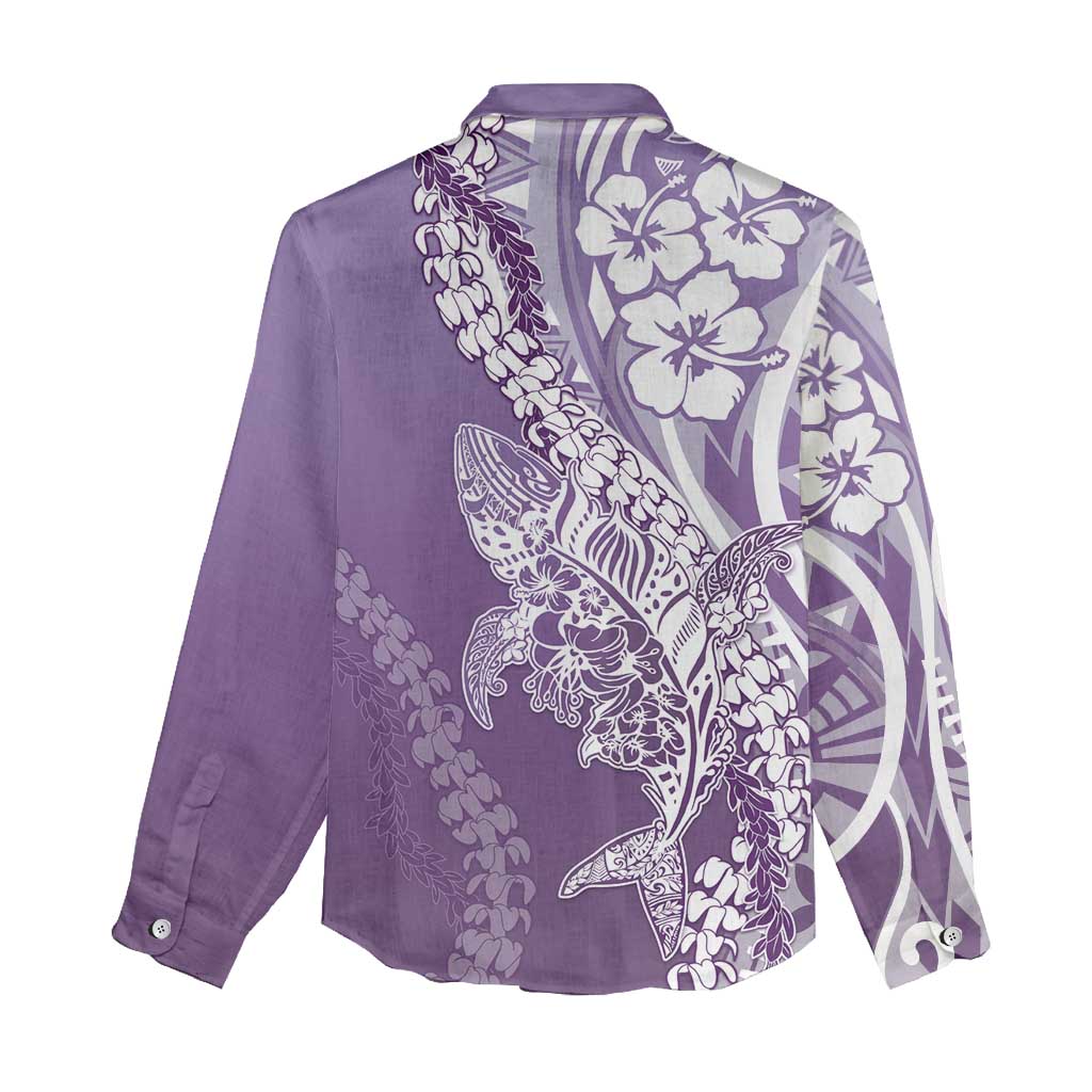 Hawaii Puakenikeni And Maile Lei Women Casual Shirt Violet Polynesian Shark Tattoo DT05