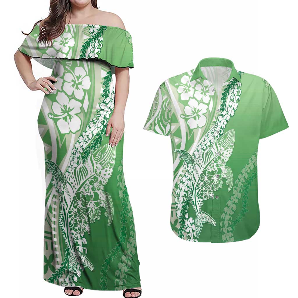 Hawaii Puakenikeni And Maile Lei Couples Matching Off Shoulder Maxi Dress and Hawaiian Shirt Green Polynesian Shark Tattoo DT05 Green - Polynesian Pride