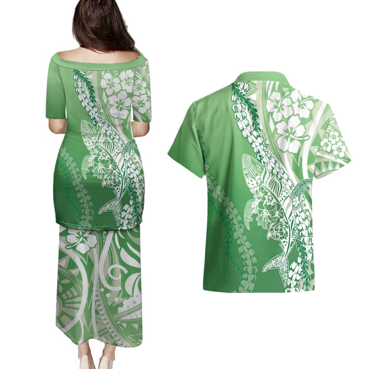 Hawaii Puakenikeni And Maile Lei Couples Matching Puletasi and Hawaiian Shirt Green Polynesian Shark Tattoo DT05