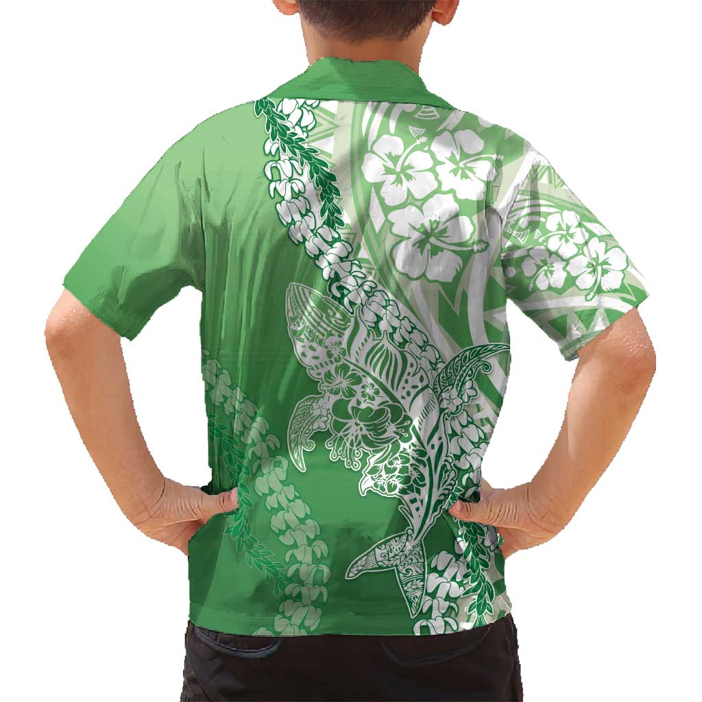 Hawaii Puakenikeni And Maile Lei Family Matching Long Sleeve Bodycon Dress and Hawaiian Shirt Green Polynesian Shark Tattoo DT05