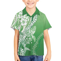 Hawaii Puakenikeni And Maile Lei Family Matching Long Sleeve Bodycon Dress and Hawaiian Shirt Green Polynesian Shark Tattoo DT05