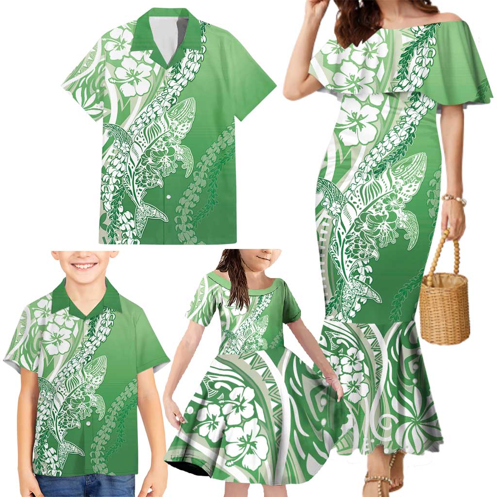 Hawaii Puakenikeni And Maile Lei Family Matching Mermaid Dress and Hawaiian Shirt Green Polynesian Shark Tattoo DT05 - Polynesian Pride