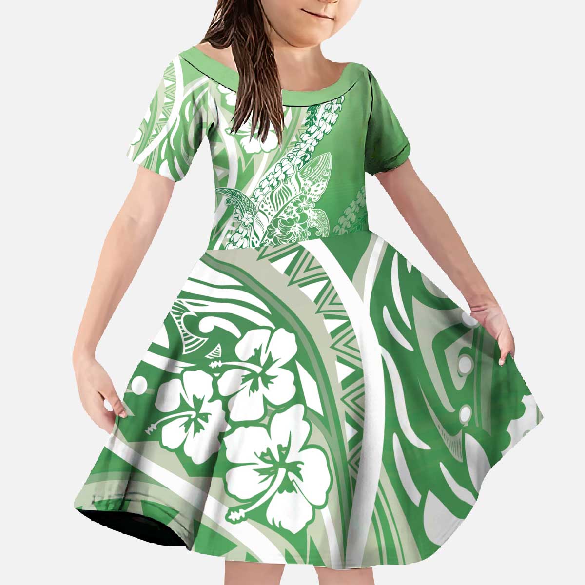 Hawaii Puakenikeni And Maile Lei Family Matching Off The Shoulder Long Sleeve Dress and Hawaiian Shirt Green Polynesian Shark Tattoo DT05