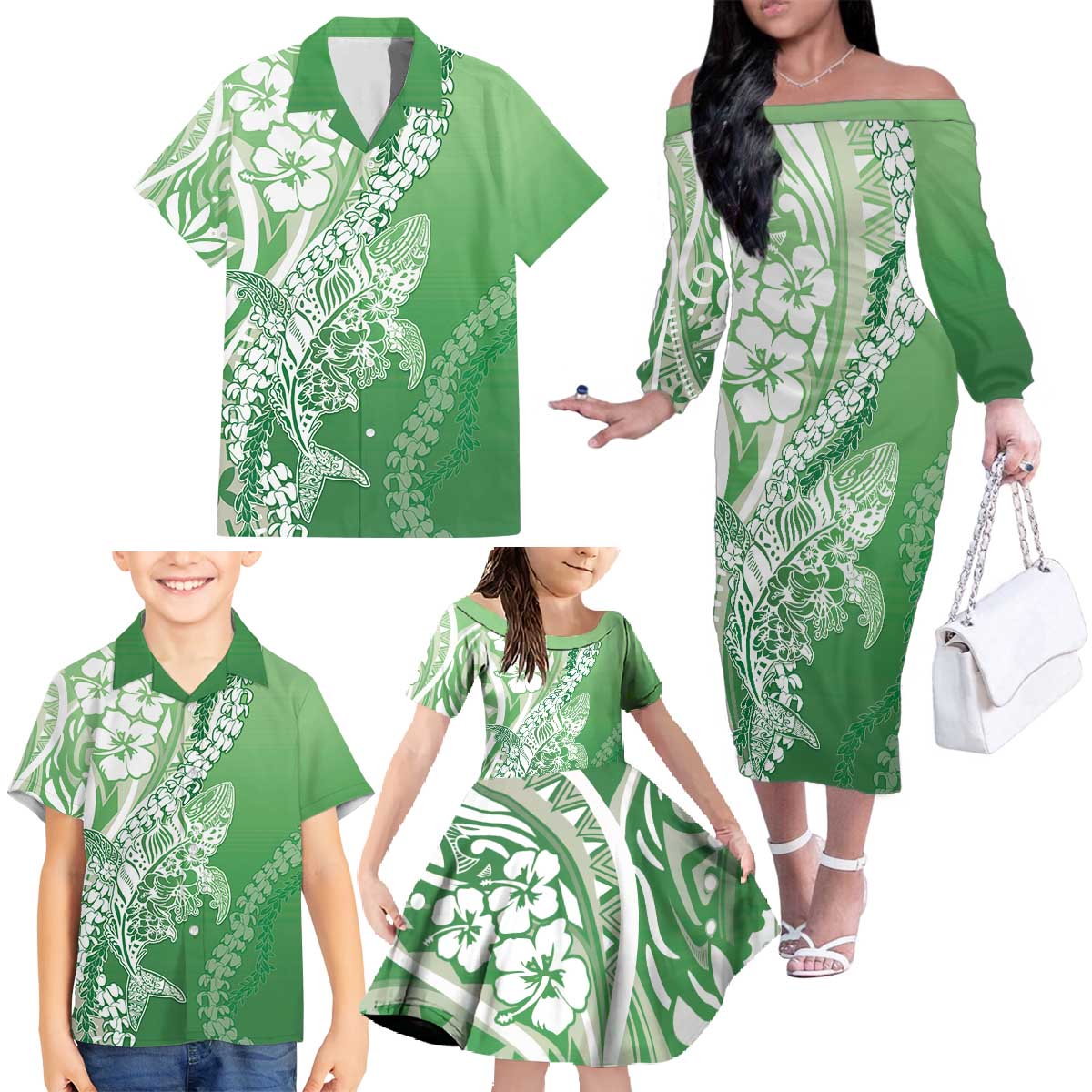 Hawaii Puakenikeni And Maile Lei Family Matching Off The Shoulder Long Sleeve Dress and Hawaiian Shirt Green Polynesian Shark Tattoo DT05 - Polynesian Pride