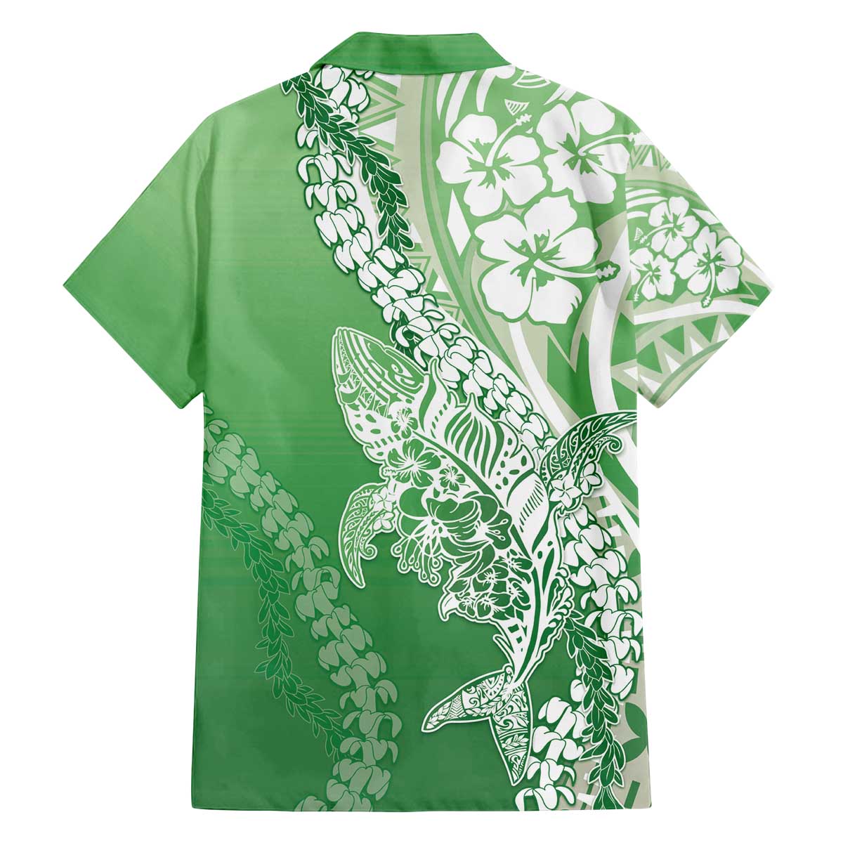 Hawaii Puakenikeni And Maile Lei Family Matching Off The Shoulder Long Sleeve Dress and Hawaiian Shirt Green Polynesian Shark Tattoo DT05