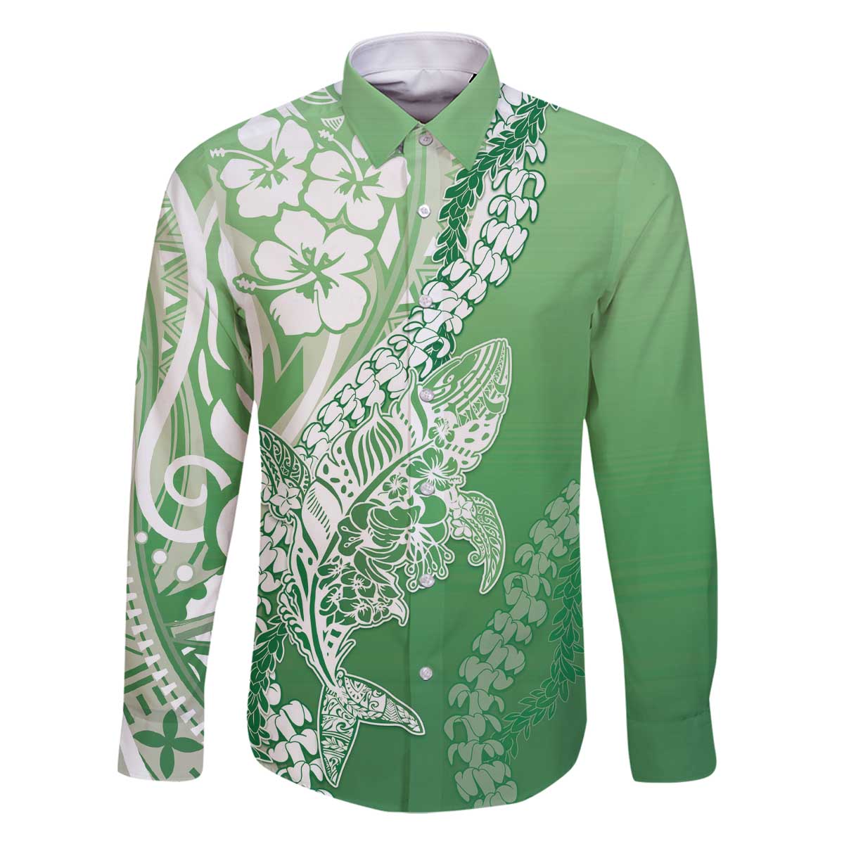 Hawaii Puakenikeni And Maile Lei Family Matching Off The Shoulder Long Sleeve Dress and Hawaiian Shirt Green Polynesian Shark Tattoo DT05