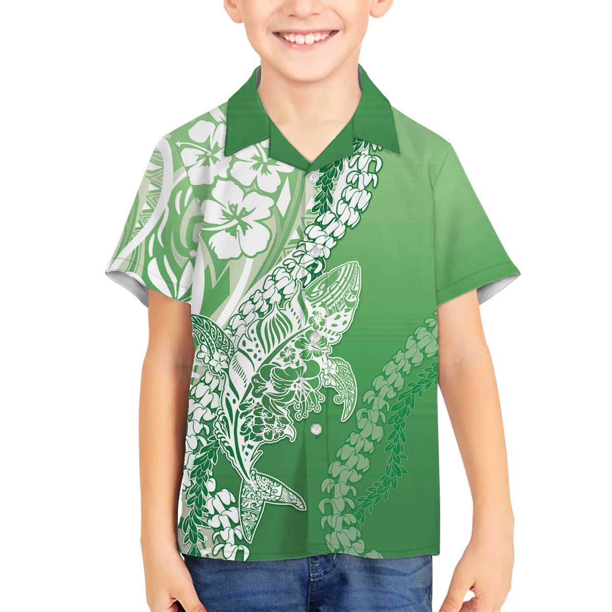 Hawaii Puakenikeni And Maile Lei Family Matching Off The Shoulder Long Sleeve Dress and Hawaiian Shirt Green Polynesian Shark Tattoo DT05