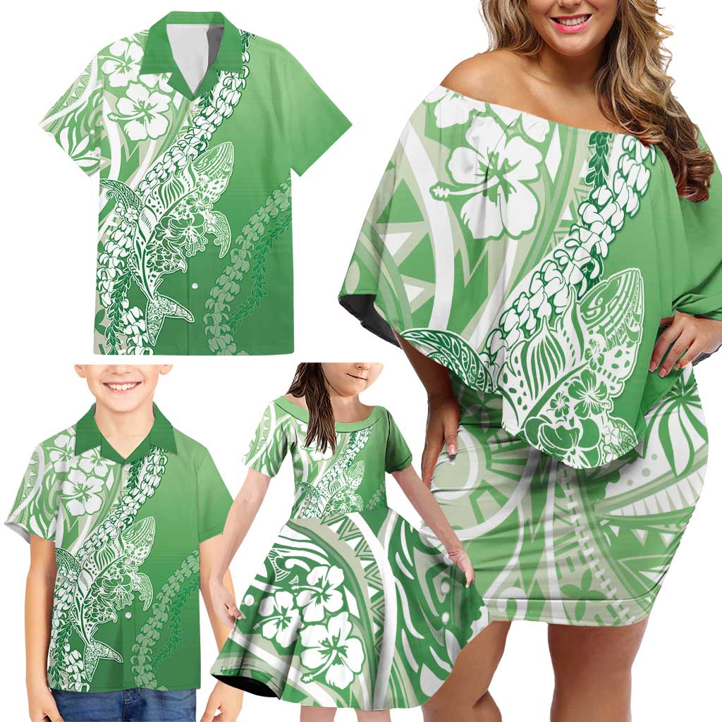 Hawaii Puakenikeni And Maile Lei Family Matching Off Shoulder Short Dress and Hawaiian Shirt Green Polynesian Shark Tattoo DT05 - Polynesian Pride