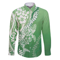 Hawaii Puakenikeni And Maile Lei Family Matching Off Shoulder Short Dress and Hawaiian Shirt Green Polynesian Shark Tattoo DT05