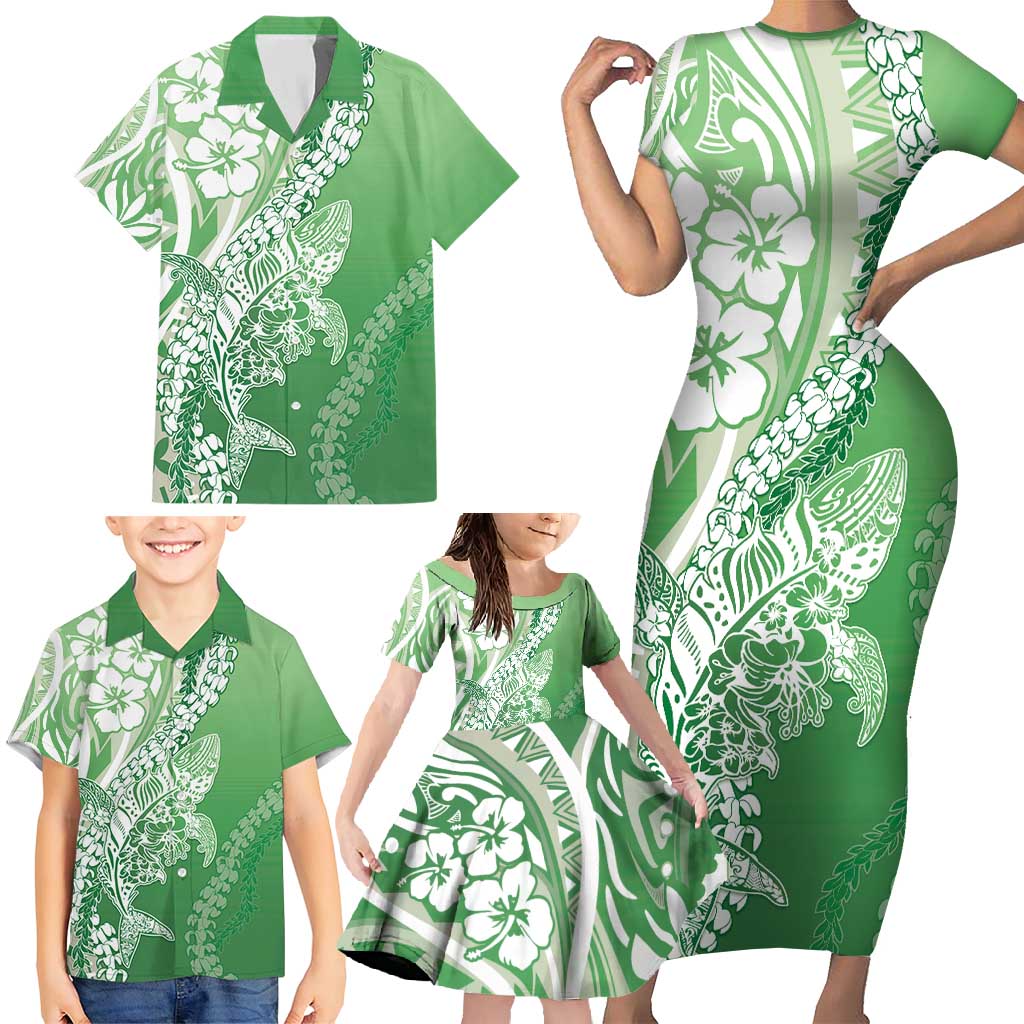 Hawaii Puakenikeni And Maile Lei Family Matching Short Sleeve Bodycon Dress and Hawaiian Shirt Green Polynesian Shark Tattoo DT05 - Polynesian Pride