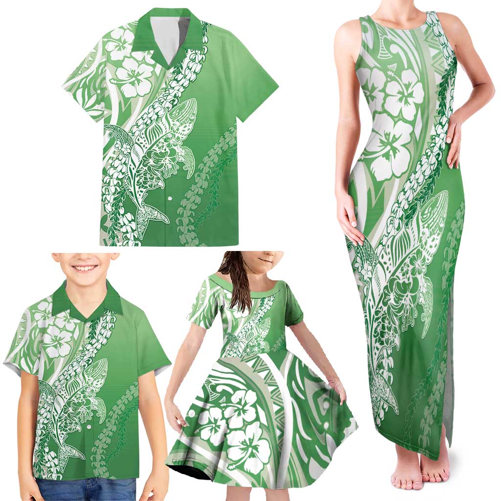 Hawaii Puakenikeni And Maile Lei Family Matching Tank Maxi Dress and Hawaiian Shirt Green Polynesian Shark Tattoo DT05 - Polynesian Pride