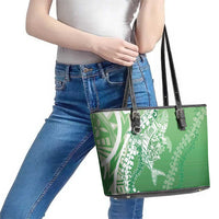 Hawaii Puakenikeni And Maile Lei Leather Tote Bag Green Polynesian Shark Tattoo DT05