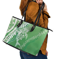 Hawaii Puakenikeni And Maile Lei Leather Tote Bag Green Polynesian Shark Tattoo DT05