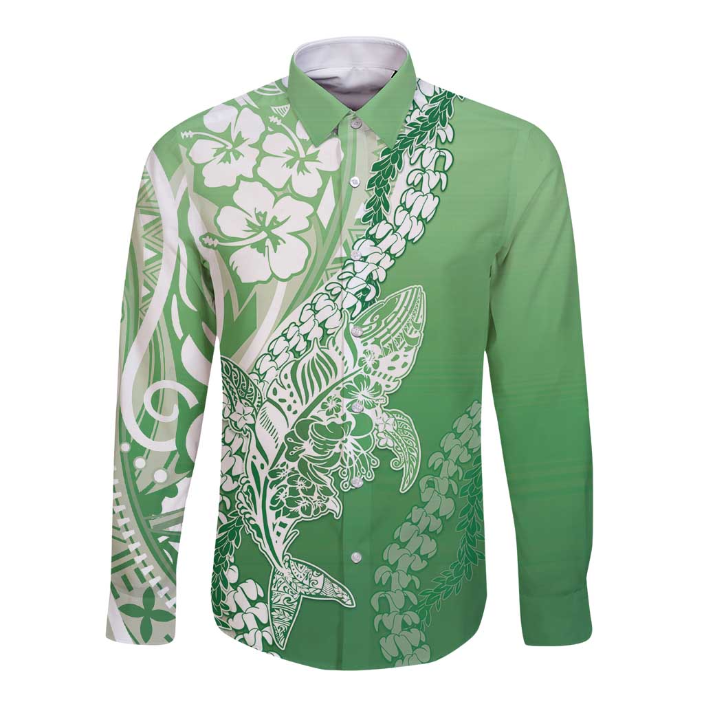 Hawaii Puakenikeni And Maile Lei Long Sleeve Button Shirt Green Polynesian Shark Tattoo DT05 Unisex Green - Polynesian Pride