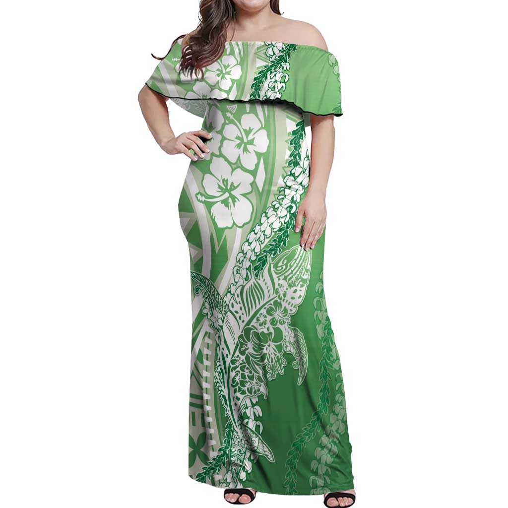 Hawaii Puakenikeni And Maile Lei Off Shoulder Maxi Dress Green Polynesian Shark Tattoo DT05