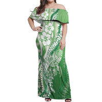 Hawaii Puakenikeni And Maile Lei Off Shoulder Maxi Dress Green Polynesian Shark Tattoo DT05