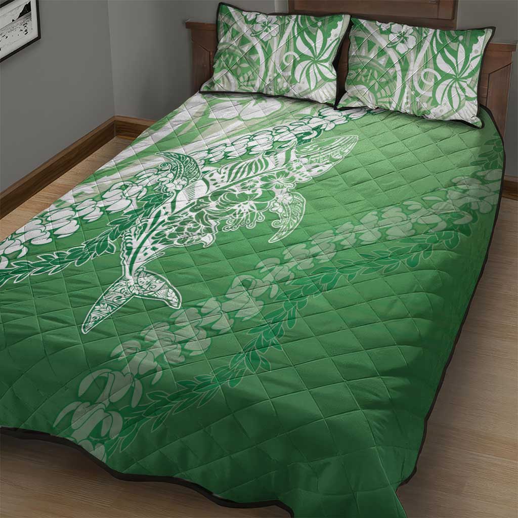 Hawaii Puakenikeni And Maile Lei Quilt Bed Set Green Polynesian Shark Tattoo DT05