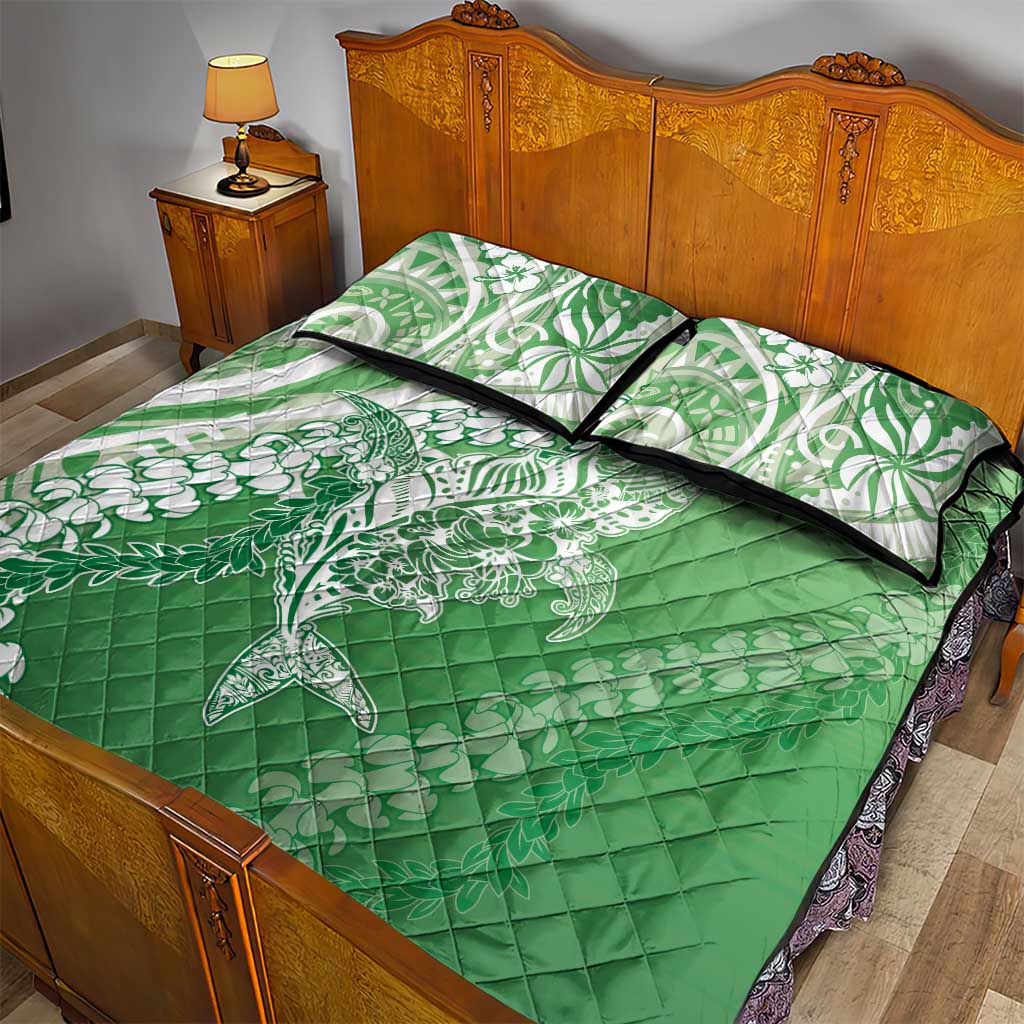 Hawaii Puakenikeni And Maile Lei Quilt Bed Set Green Polynesian Shark Tattoo DT05