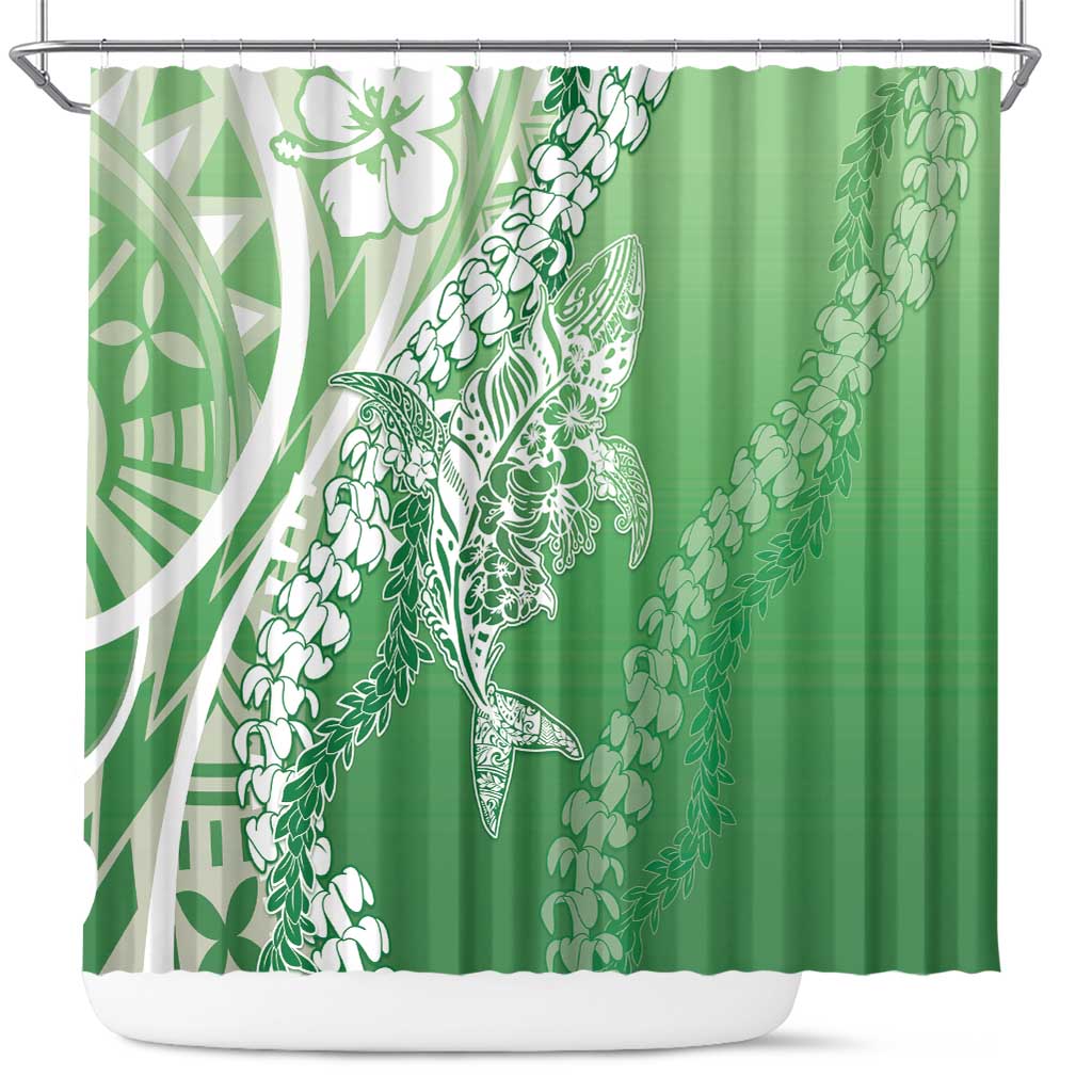 Hawaii Puakenikeni And Maile Lei Shower Curtain Green Polynesian Shark Tattoo DT05