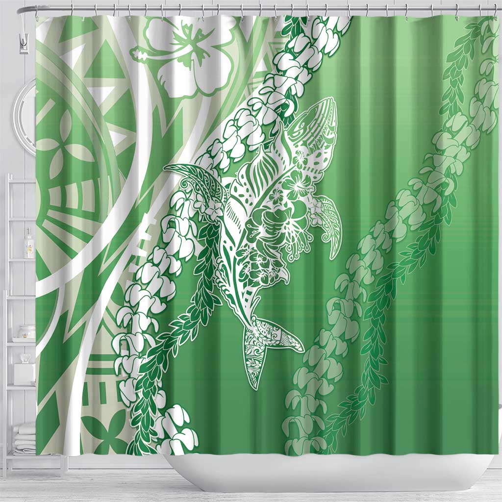 Hawaii Puakenikeni And Maile Lei Shower Curtain Green Polynesian Shark Tattoo DT05