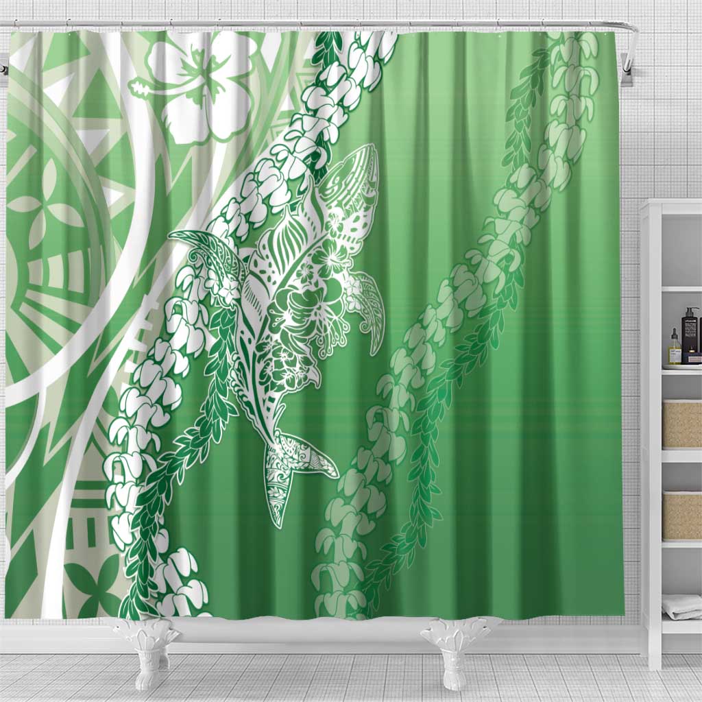 Hawaii Puakenikeni And Maile Lei Shower Curtain Green Polynesian Shark Tattoo DT05