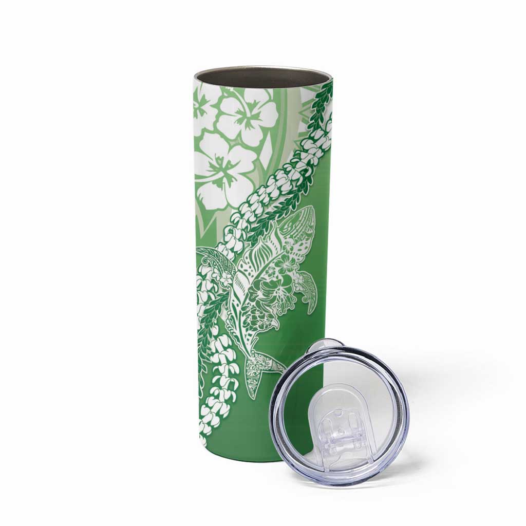 Hawaii Puakenikeni And Maile Lei Skinny Tumbler Green Polynesian Shark Tattoo DT05