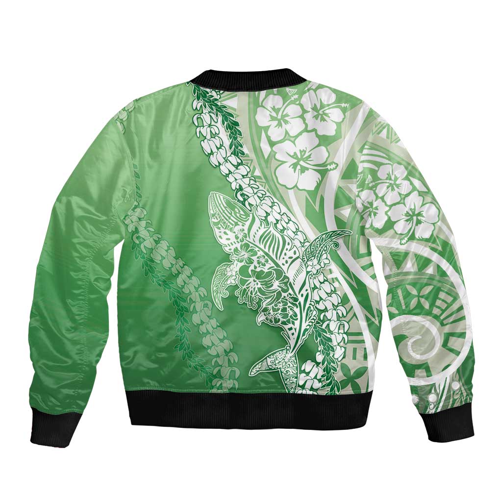 Hawaii Puakenikeni And Maile Lei Sleeve Zip Bomber Jacket Green Polynesian Shark Tattoo DT05