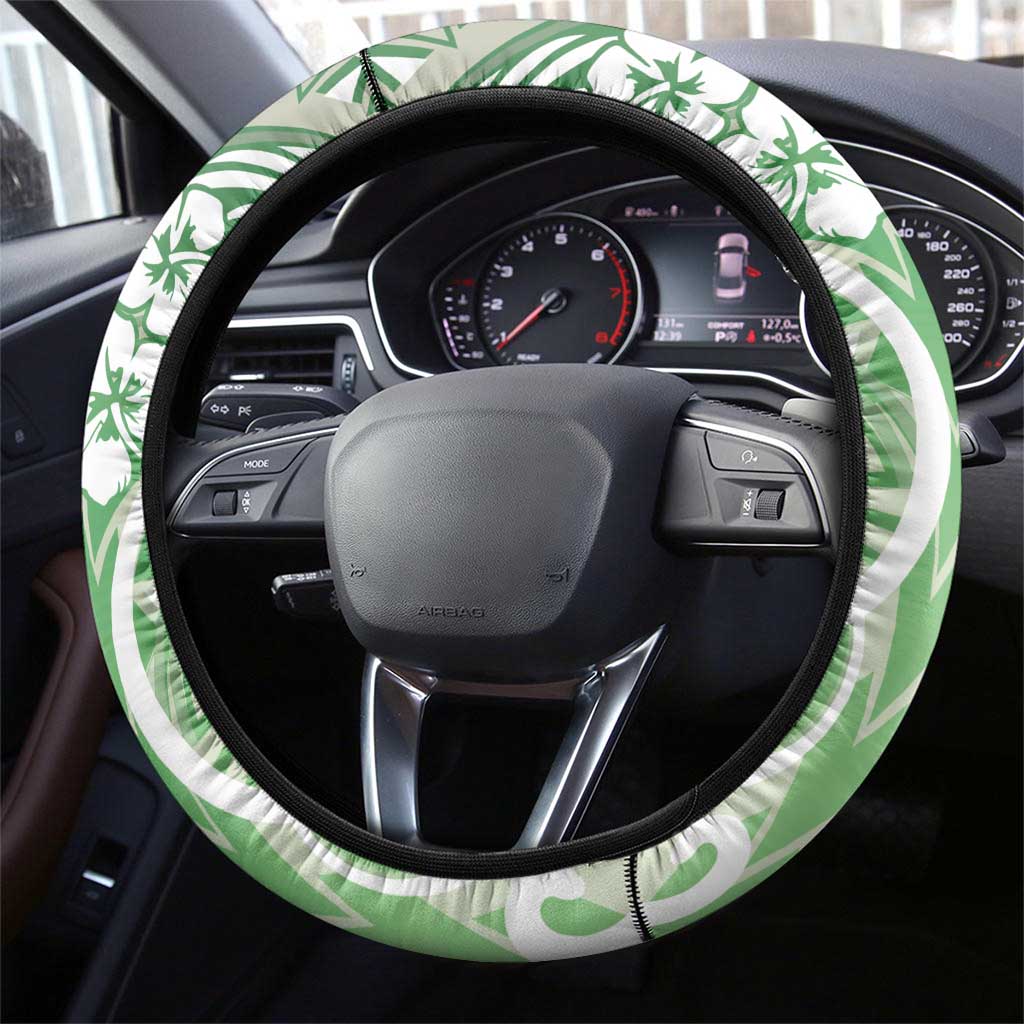 Hawaii Puakenikeni And Maile Lei Steering Wheel Cover Green Polynesian Shark Tattoo DT05