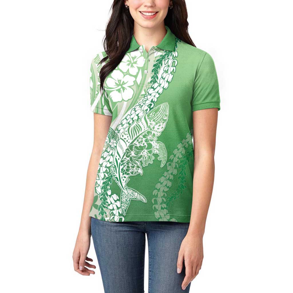 Hawaii Puakenikeni And Maile Lei Women Polo Shirt Green Polynesian Shark Tattoo DT05