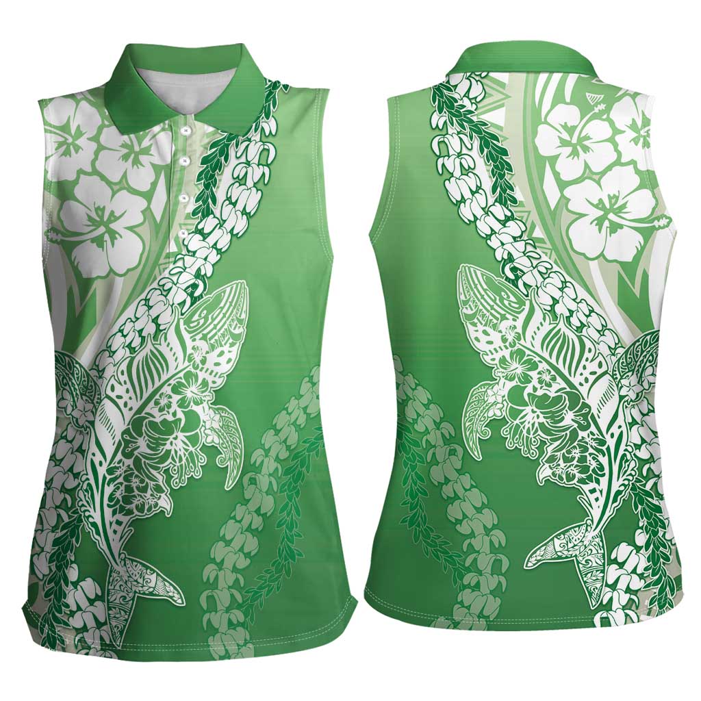Hawaii Puakenikeni And Maile Lei Women Sleeveless Polo Shirt Green Polynesian Shark Tattoo DT05