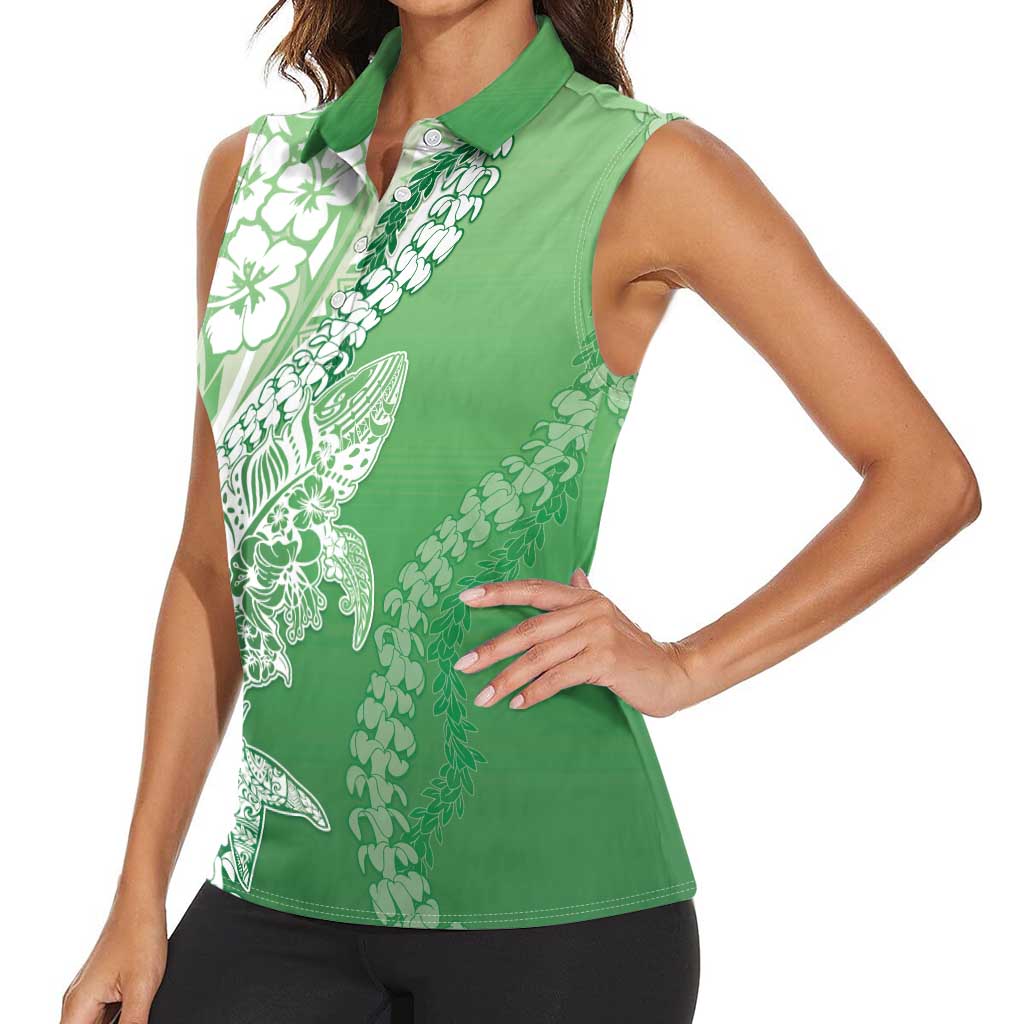 Hawaii Puakenikeni And Maile Lei Women Sleeveless Polo Shirt Green Polynesian Shark Tattoo DT05
