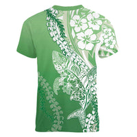 Hawaii Puakenikeni And Maile Lei Women V-Neck T-Shirt Green Polynesian Shark Tattoo DT05