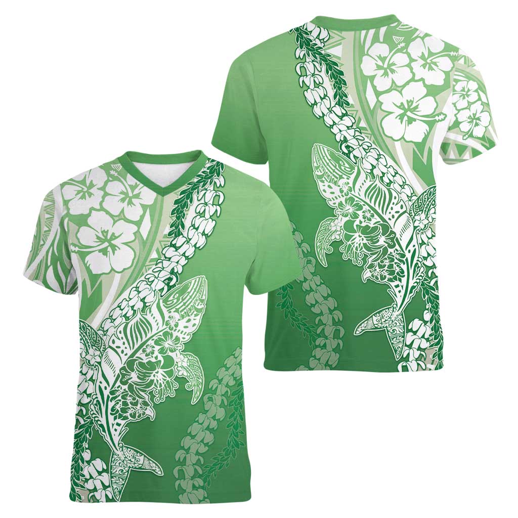 Hawaii Puakenikeni And Maile Lei Women V-Neck T-Shirt Green Polynesian Shark Tattoo DT05