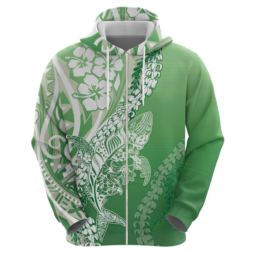 Hawaii Puakenikeni And Maile Lei Zip Hoodie Green Polynesian Shark Tattoo DT05