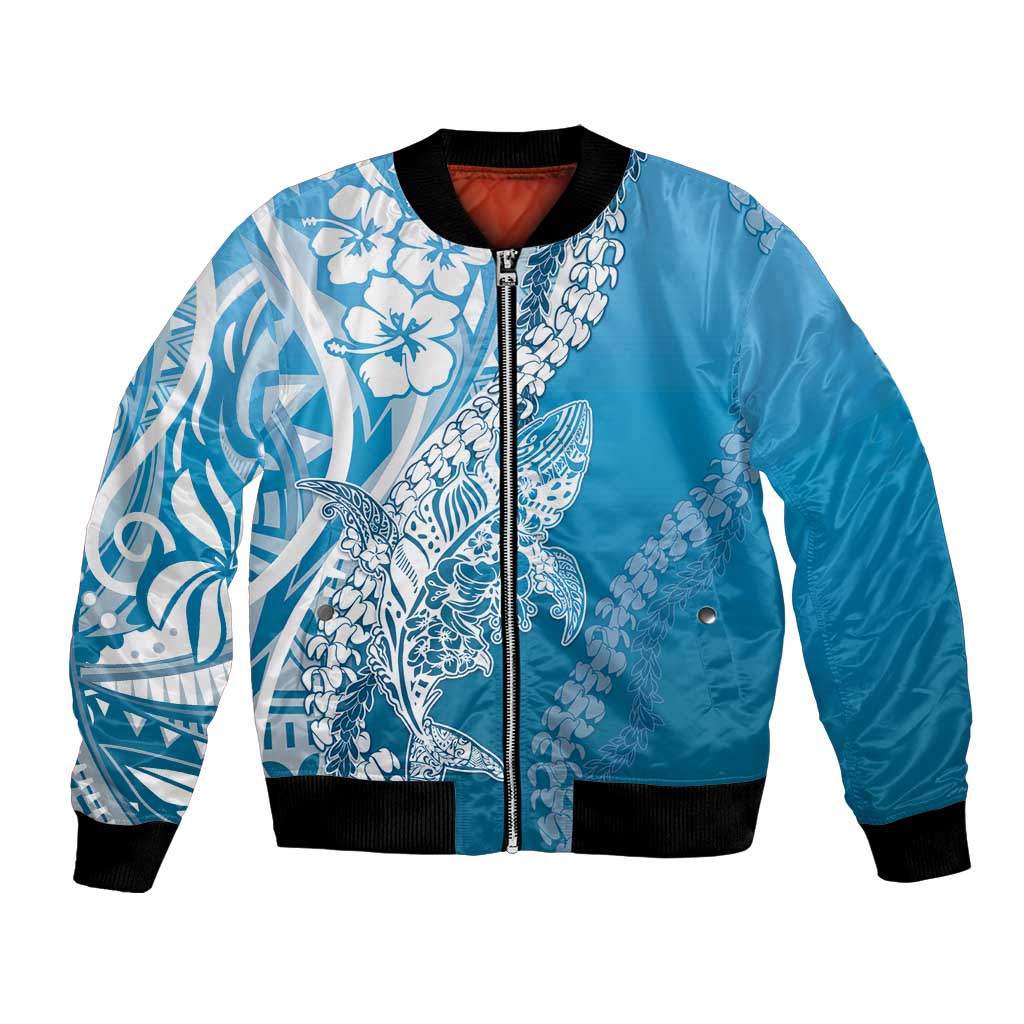 Hawaii Puakenikeni And Maile Lei Bomber Jacket Blue Polynesian Shark Tattoo DT05