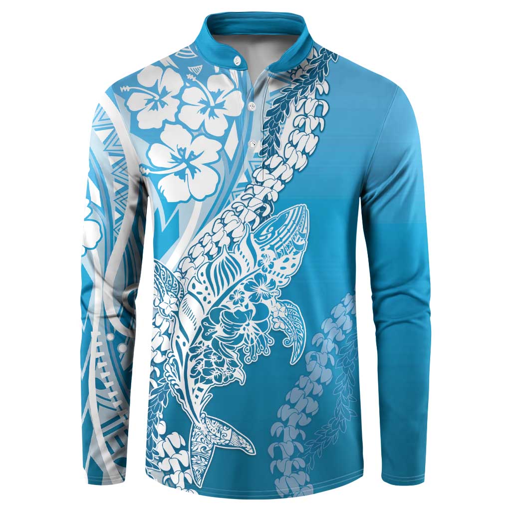 Hawaii Puakenikeni And Maile Lei Button Sweatshirt Blue Polynesian Shark Tattoo DT05 Blue - Polynesian Pride