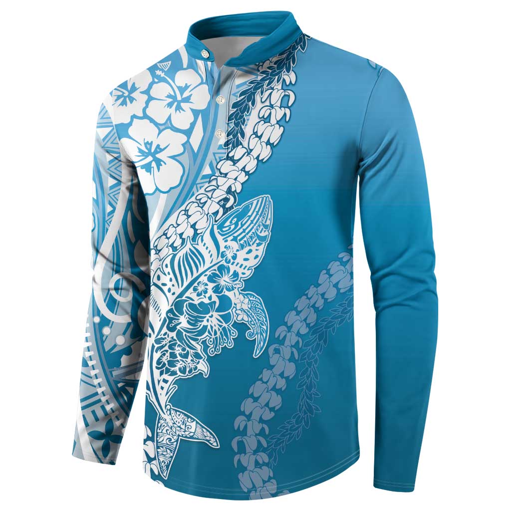 Hawaii Puakenikeni And Maile Lei Button Sweatshirt Blue Polynesian Shark Tattoo DT05 - Polynesian Pride