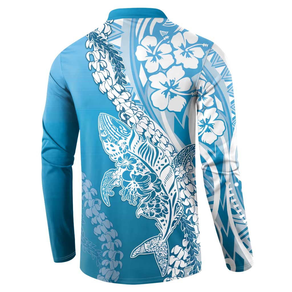 Hawaii Puakenikeni And Maile Lei Button Sweatshirt Blue Polynesian Shark Tattoo DT05 - Polynesian Pride