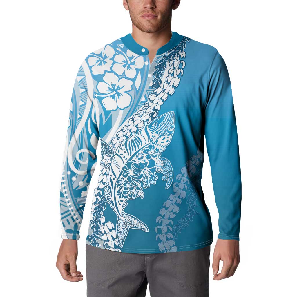 Hawaii Puakenikeni And Maile Lei Button Sweatshirt Blue Polynesian Shark Tattoo DT05 - Polynesian Pride